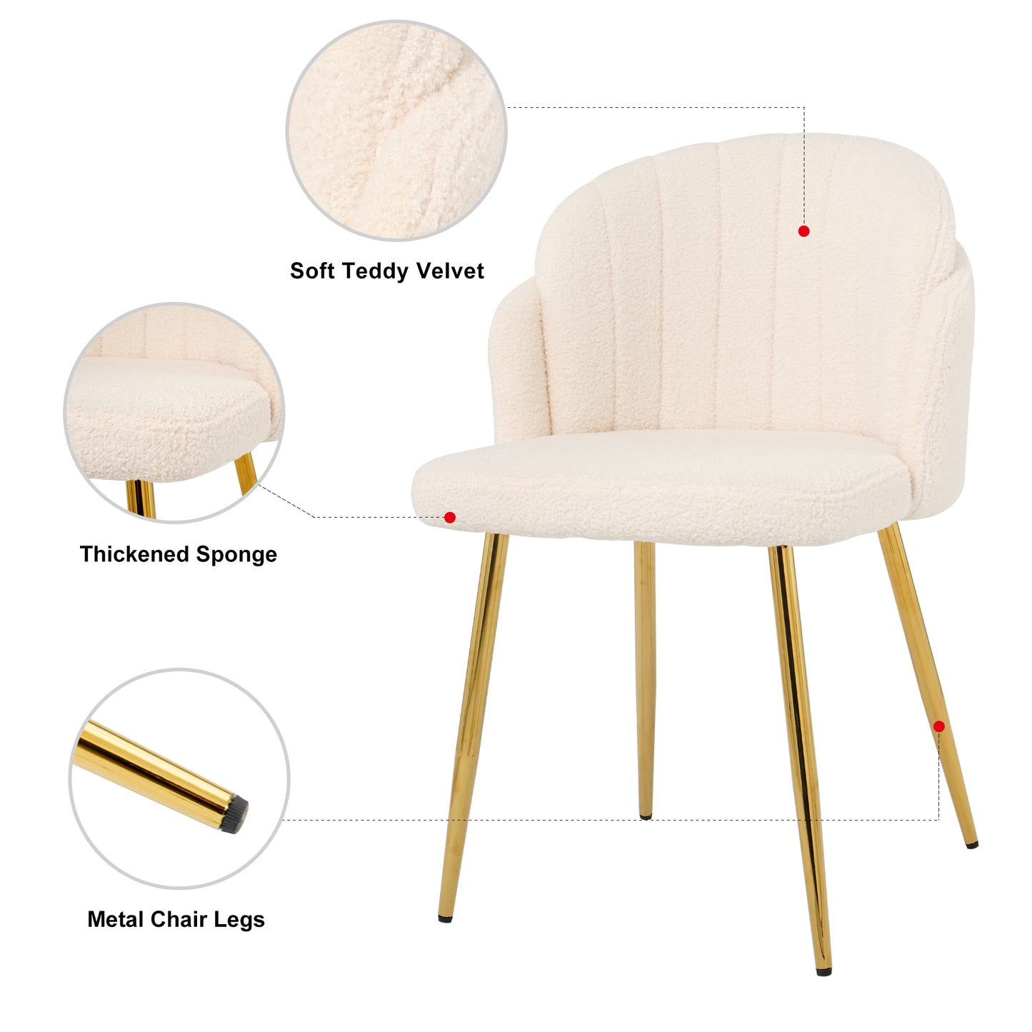 Modern simple teddy fleece dining chair Fabric Upholstered Chairs home bedroom stool back dressing chair gold metal legs(set of 2)