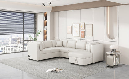 108.6" U-shaped Sectional Sofa Pull out Sofa Bed with Two USB Ports, Two Power Sockets, Three Back Pillows and a Storage Chaise for Living Room, Beige