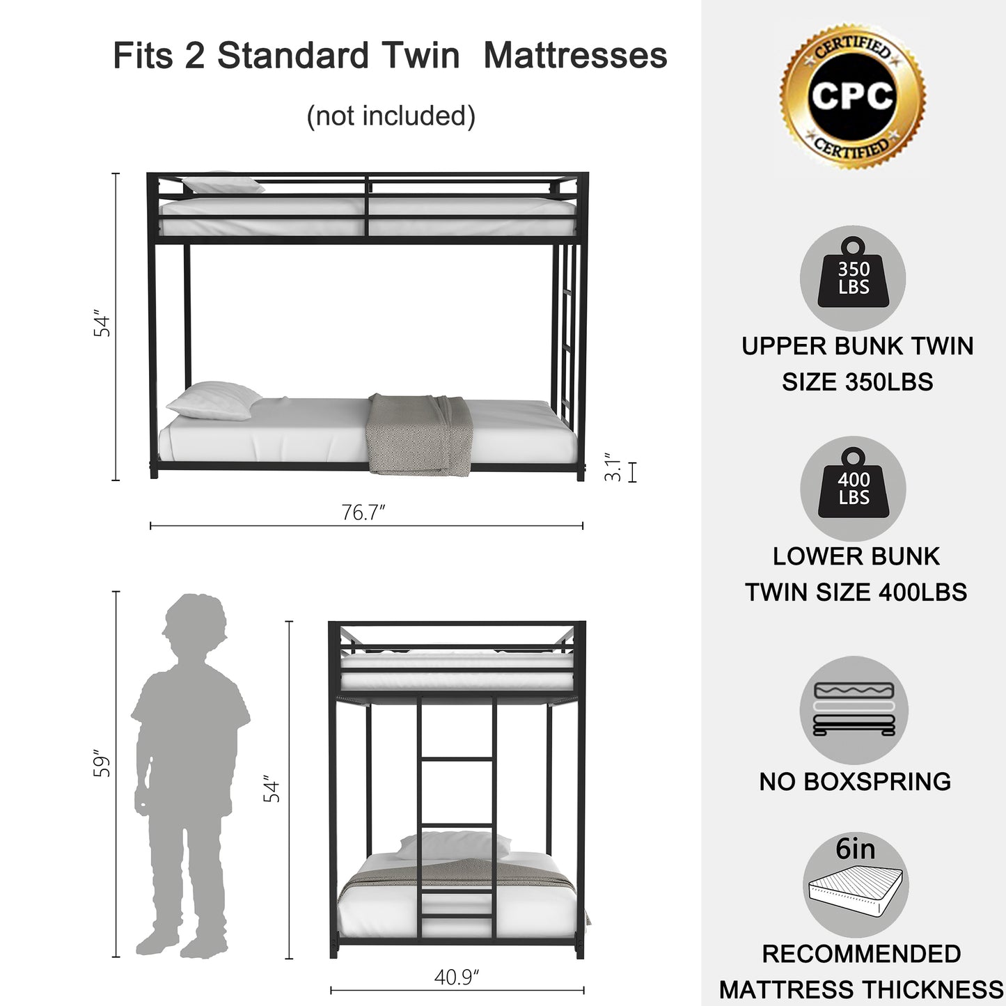 Adam Sturdy Twin over Twin Metal Bunk Black for Kids and Adult, Low Profile and Easy Climbing with Stable Ladder