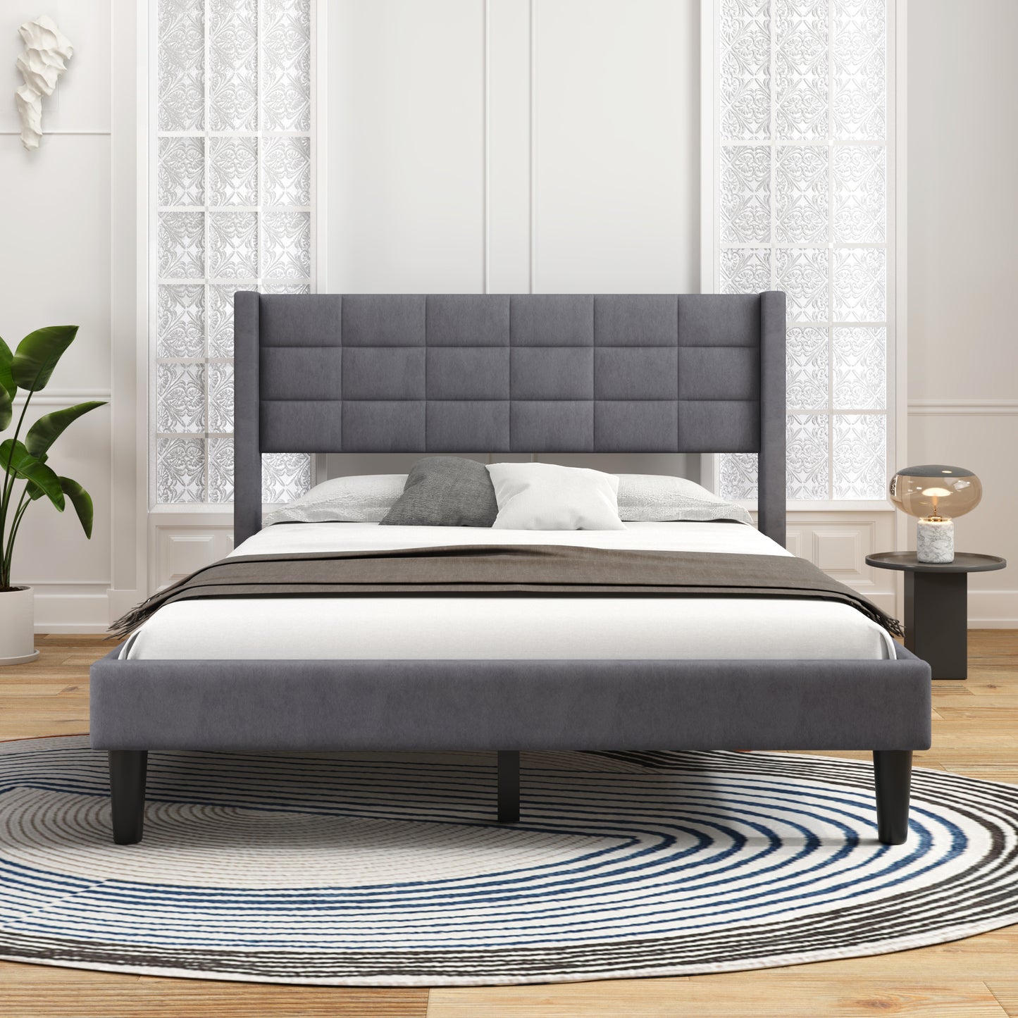 Queen Size Upholstered Platform Bed with Support Legs, Gray