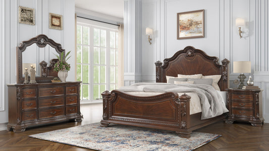 Traditional Style 4 Pc Queen Bedroom Set With Intricate Wood Carvings Made with Wood in Walnut