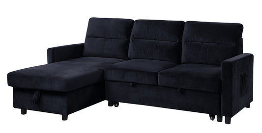 Ivy 81.5" Black Velvet Reversible Sleeper Sectional Sofa with Storage Chaise and Side Pocket