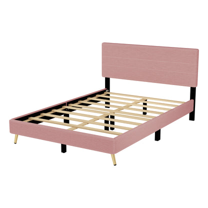 Queen Size Corduroy Upholstered Bed Frame, Platform Bed with Horizontal Stripe Headboard, No Box Spring Needed, Pink