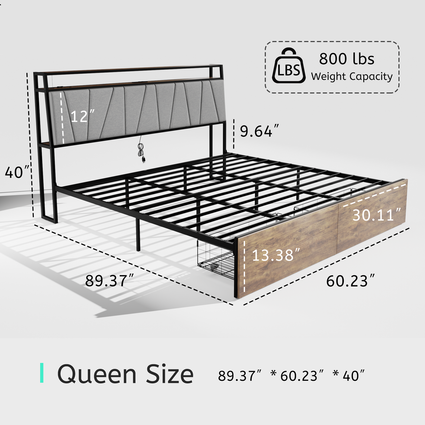 Queen Bed Frame with Storage, Ergonomic Headboard,  Bed Frame with 2 Storage Drawers, Built in Charging Station & LED, Outlets & USB, Queen Size, Noise Free, No Box Spring Needed, Rustic Brown