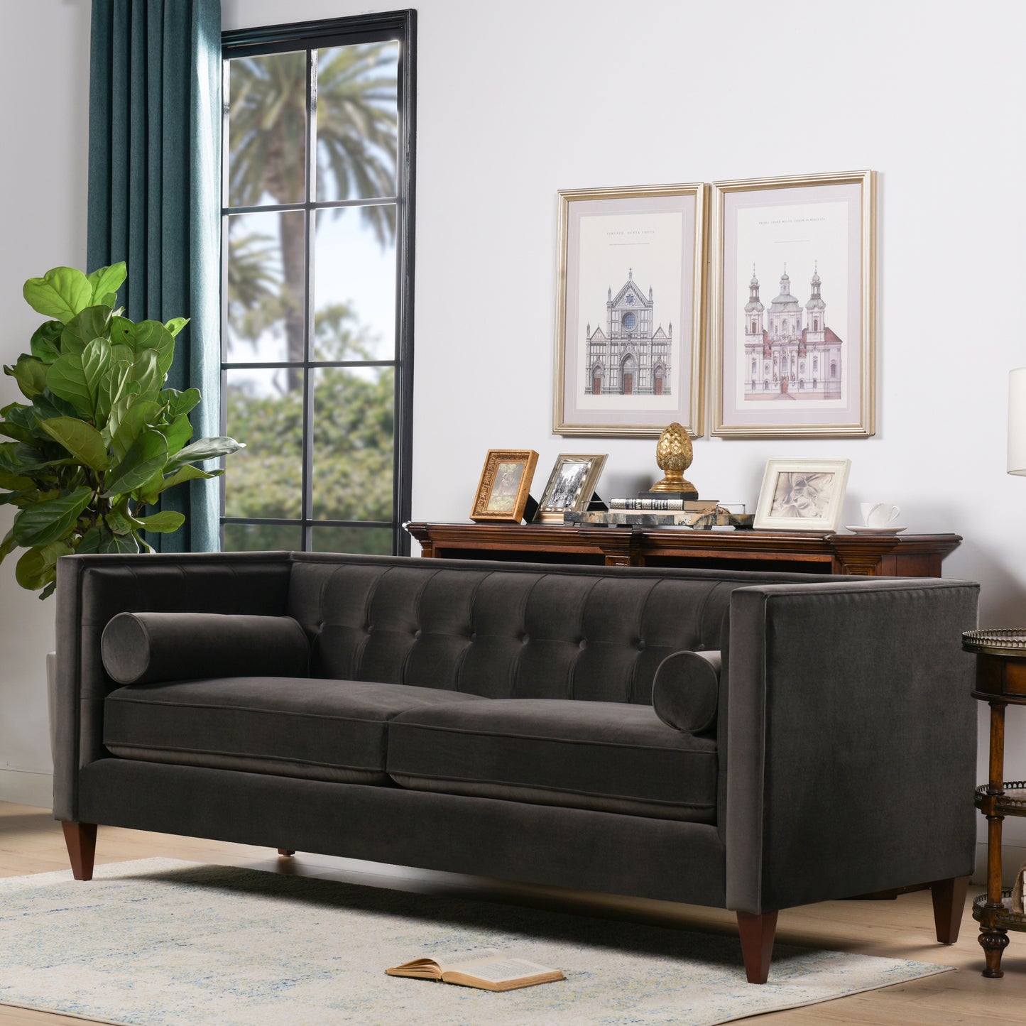 Jack 84" Modern Tuxedo Tufted Sofa, Dark Charcoal Grey Velvet