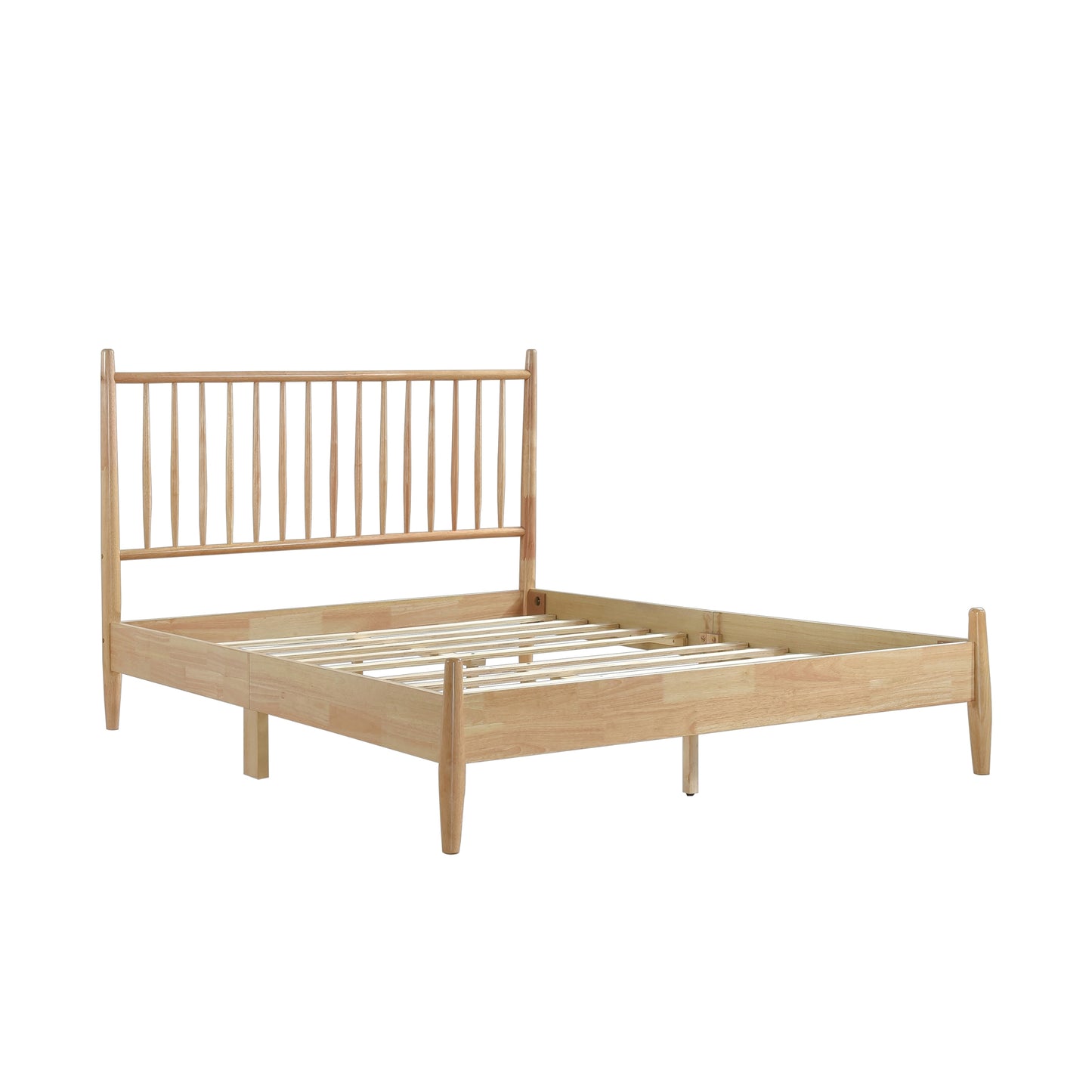 Mid-Century Modern Design Queen Platform Bed 1pc Natural Finish Wooden Bedroom Furniture Vertical Slats Headboard, Bed in a Box