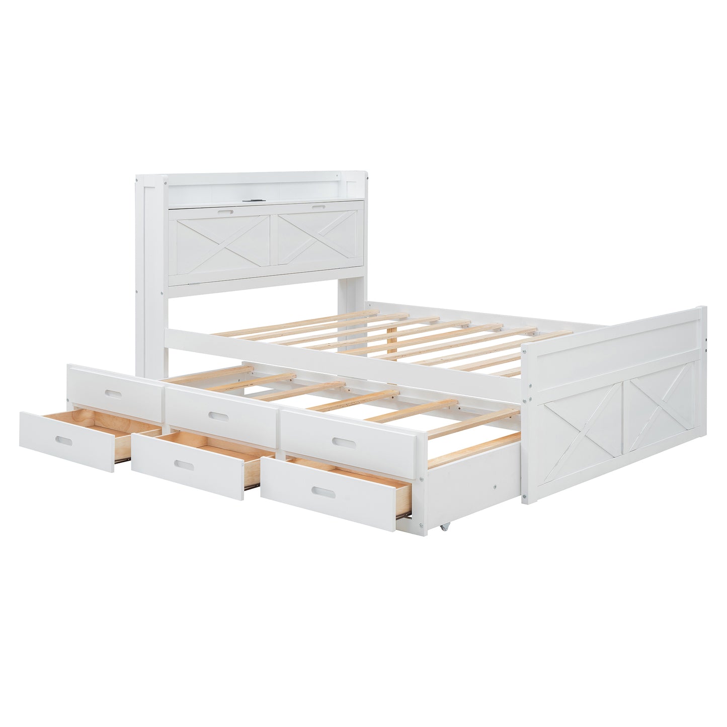 Full Size Wooden Bed with Storage Headboard with Outlets, Extendable Bed with Twin Size Trundle with Three Storage Drawers,White