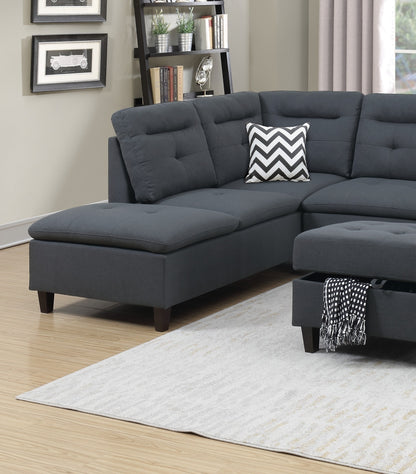 Living Room Furniture Charcoal Cushion Sectional w Ottoman Linen Like Fabric Sofa Chaise