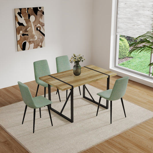 55" MDF Wood Colour Dining Table and Modern Dining Chair Set of 4, Mid Century Wooden Kitchen Table Set, Metal Base & Legs, Dining Room Table and Linen Chairs