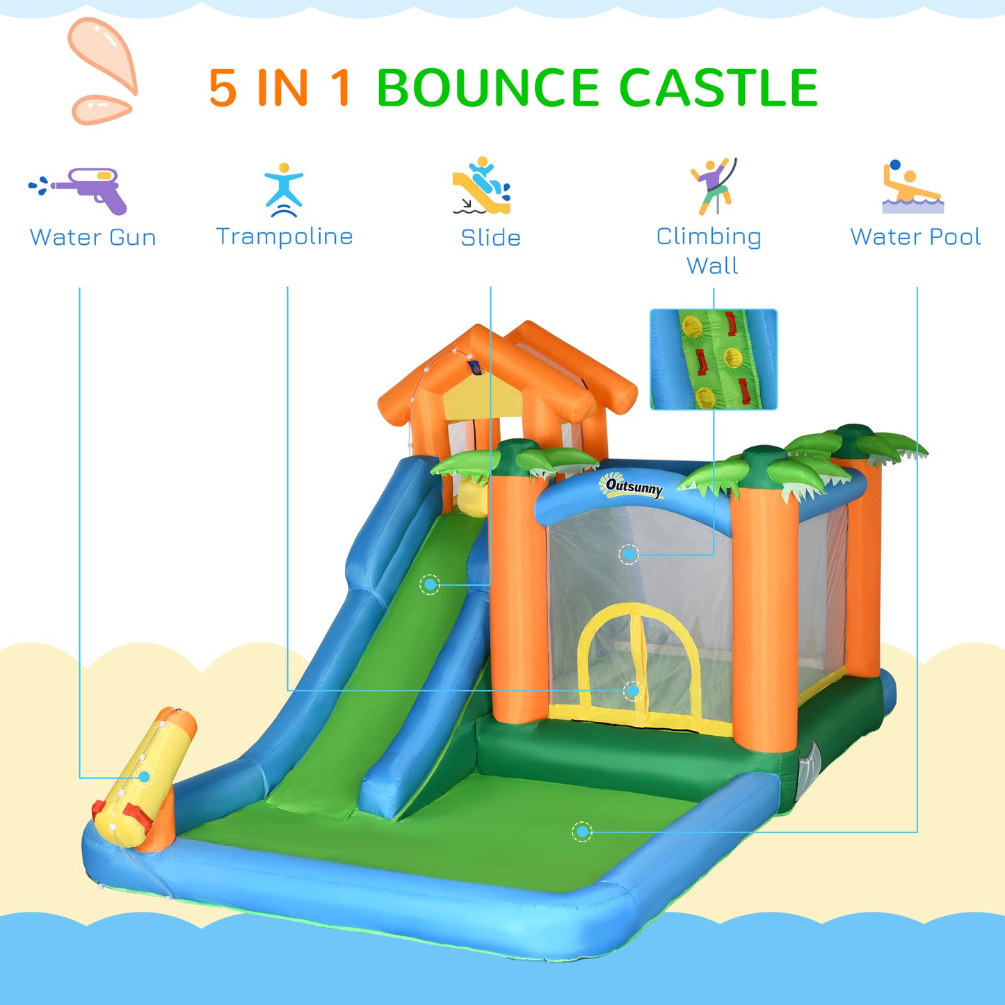 Outsunny 6-in-1 Tropical Inflatable Water Slide Summer Theme Jumping Castle Includes Floating Ball Slide Trampoline Pool Cannon Climbing Wall with Carry Bag, Repair Patches and 450W Air Blower