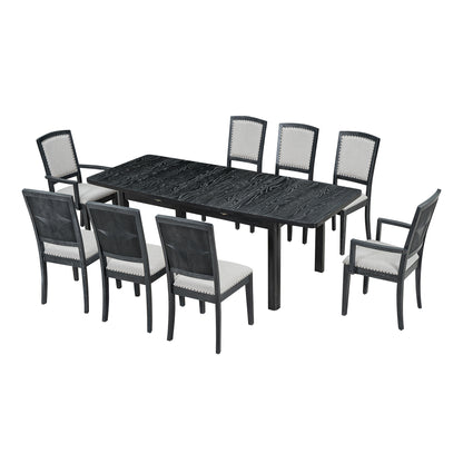 TOPMAX Rustic Extendable 84inch Dining Table Set with 24inch Removable Leaf , 6 Upholstered Armless Dining Chairs and 2 Padded Arm Chairs, 9 Pieces, Black