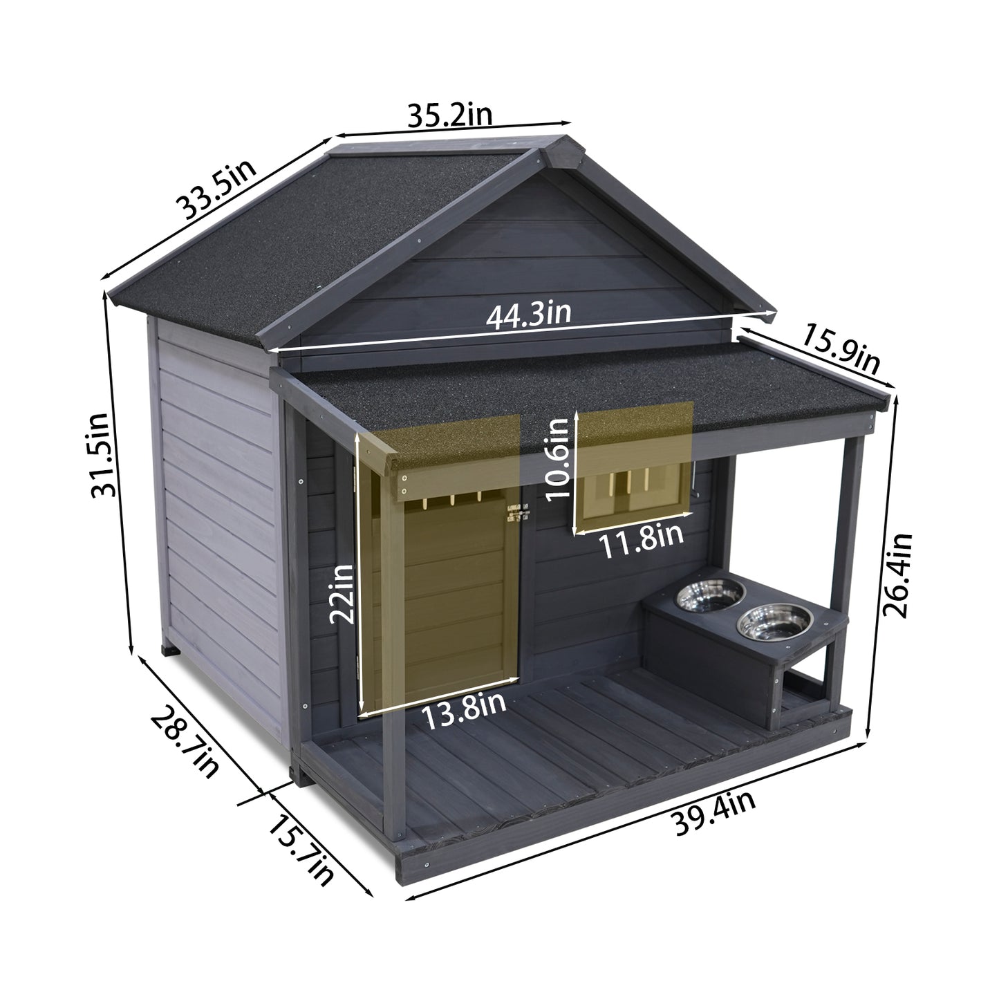 Large dog house, long 44.2" x wide 44.6" x high 44.6" Solid wood asphalt roof dog house with large terrace for large dogs, weatherproof large dog house (improved),Small wooden doors that can be locked