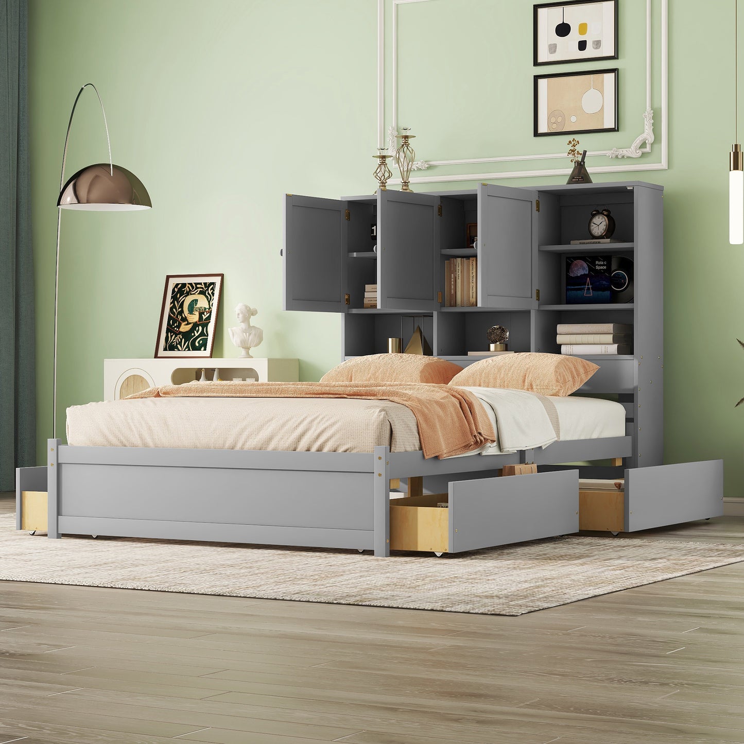 Queen Size Platform Bed with Storage Headboard and 4 Drawers, Gray