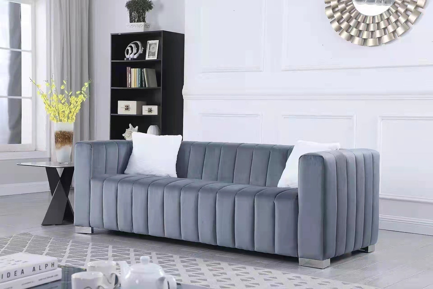 A modern  channel sofa  take on a traditional Chesterfield,Grey color,3 seater