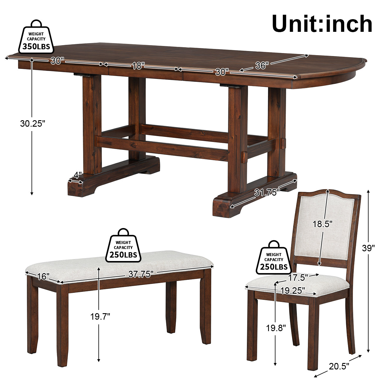 6-Piece Dining Table Set, 60inch to 78inch Extendable Wood Dining Table with Removable Leaf, Kitchen Table Set with 4 Upholstered Side Chair and Bench, Dining Table Set for 6 (Cherry)