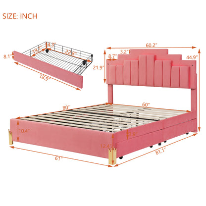 Queen Size Upholstered Platform Bed with LED Lights and 4 Drawers, Stylish Irregular Metal Bed Legs Design, Pink