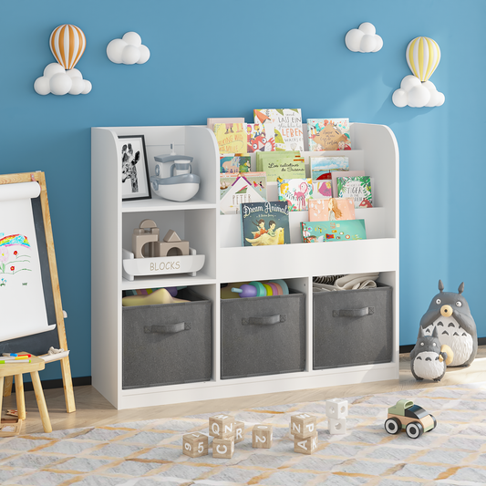 Kids Bookcase and Bookshelf, Multifunctional Bookcase with 3 Collapsible Fabric Drawers, Bookcase Display Stand, Toy Storage Organizer for Bedroom, Playroom, Hallway (White/Gray)