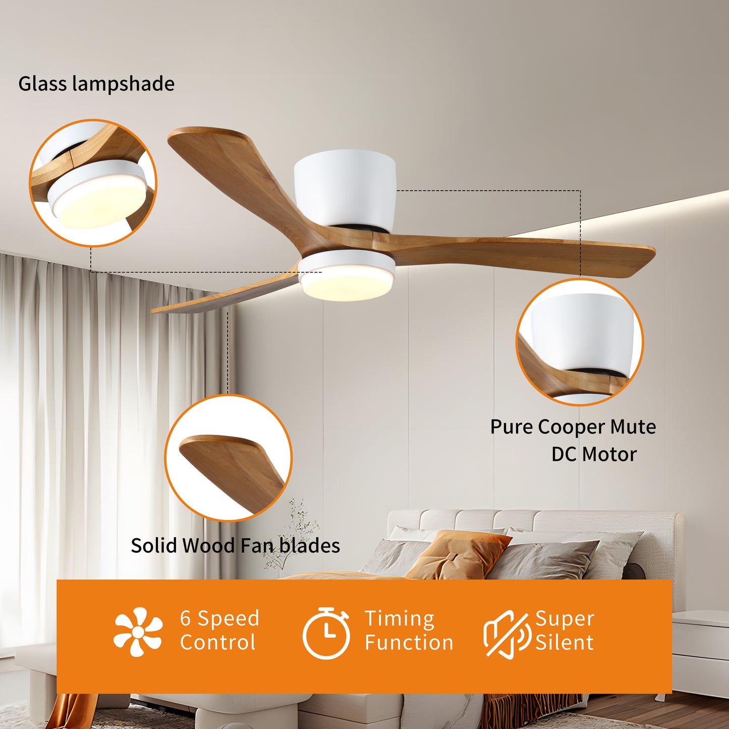 42 inch  Wood Ceiling Fans with Lights and Remote, Modern Flush Mount Low Profile Ceiling Fan with Light, 6 Speed, Reversible DC Motor, for Bedroom/Outdoor/Farmhouse/Patios