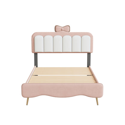 Twin size Velvet Princess Bed With Bow-Knot Headboard,Twin Size Platform Bed with Headboard and Footboard,White+Pink