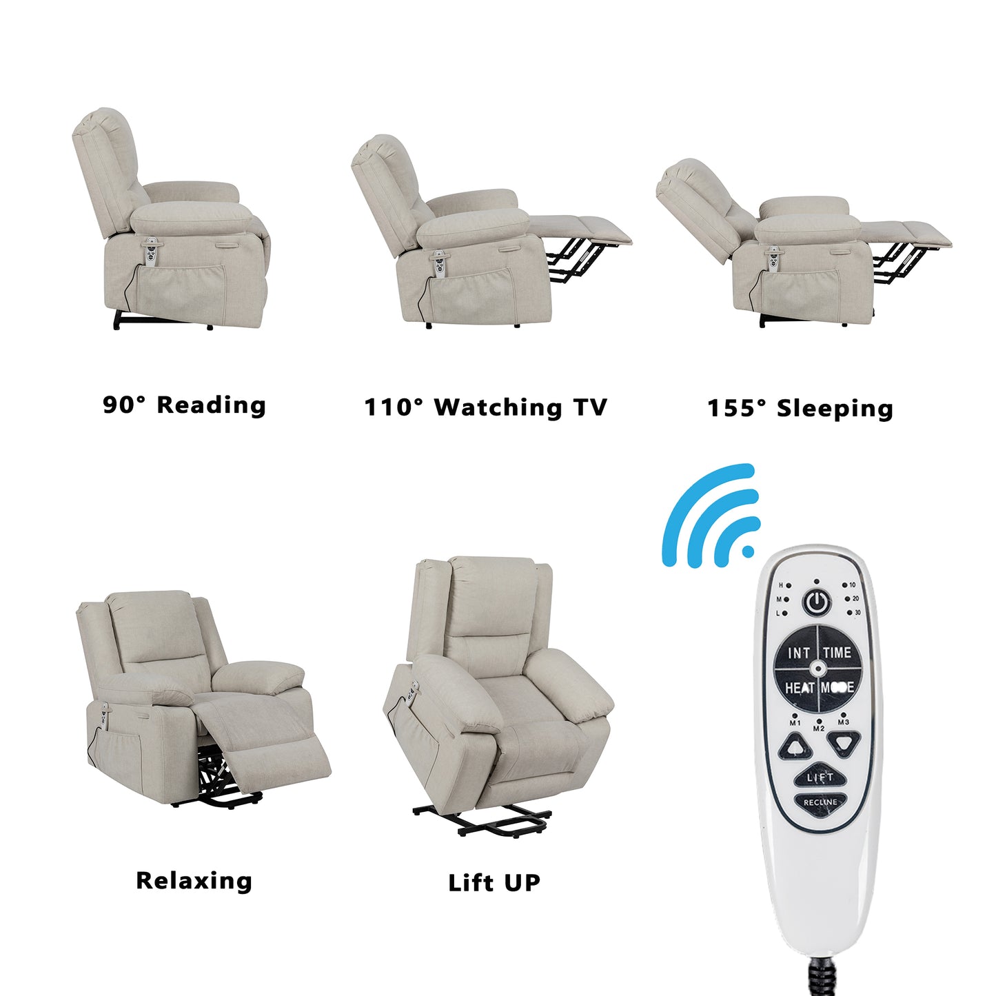 Electric Power Recliner Chair With Massage For Elderly ,Remote Control Multi-function Lifting, Timing, Cushion Heating Chair With Side Pocket Beige