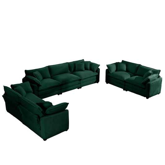 Modern Fabric Living Room Sofa 2-Piece Set with 8 Cushion Upholstery, Green Corduroy Fabric, Large Deep Seat Recliner