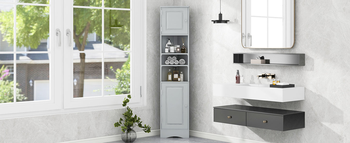 Multi-Functional Corner Cabinet Tall Bathroom Storage Cabinet with Two Doors and Adjustable Shelves, Open Shelf, Grey