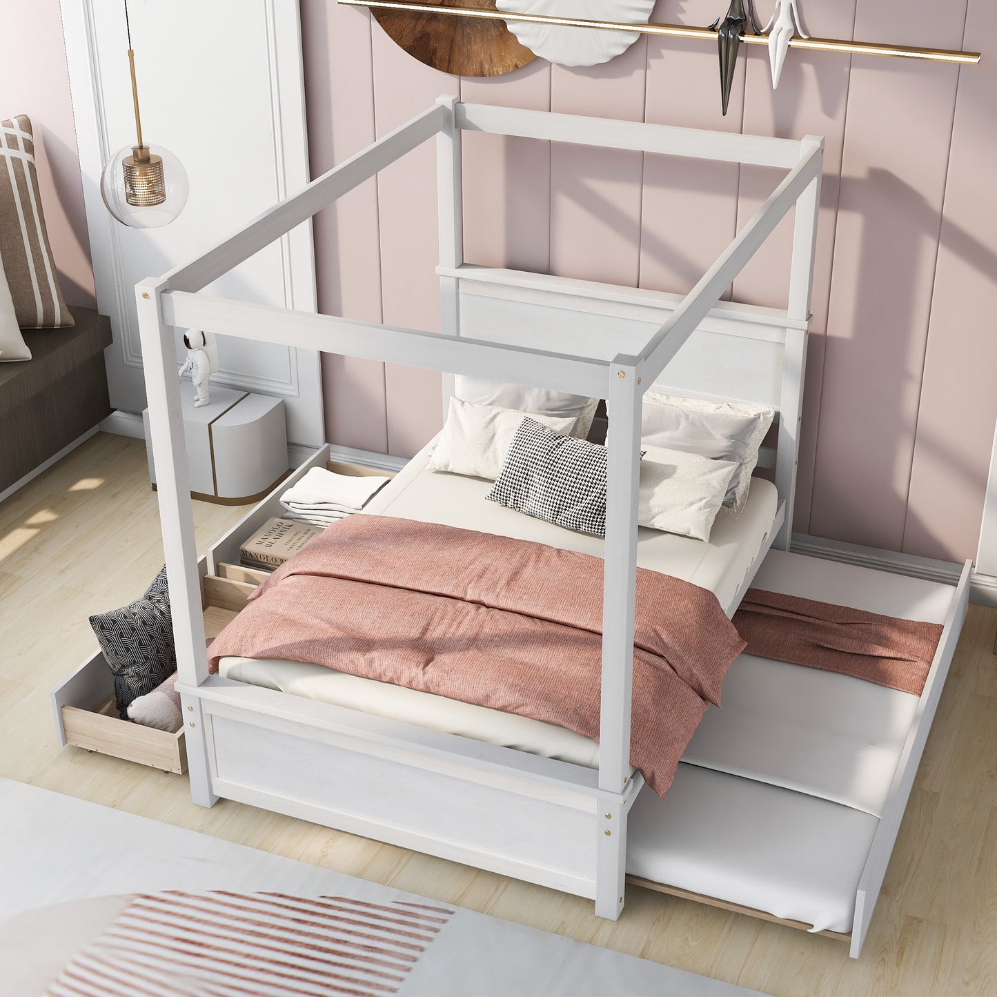 Wood Canopy Bed with Trundle Bed and two Drawers ,Full Size Canopy Platform bed With Support Slats .No Box Spring Needed, Brushed White