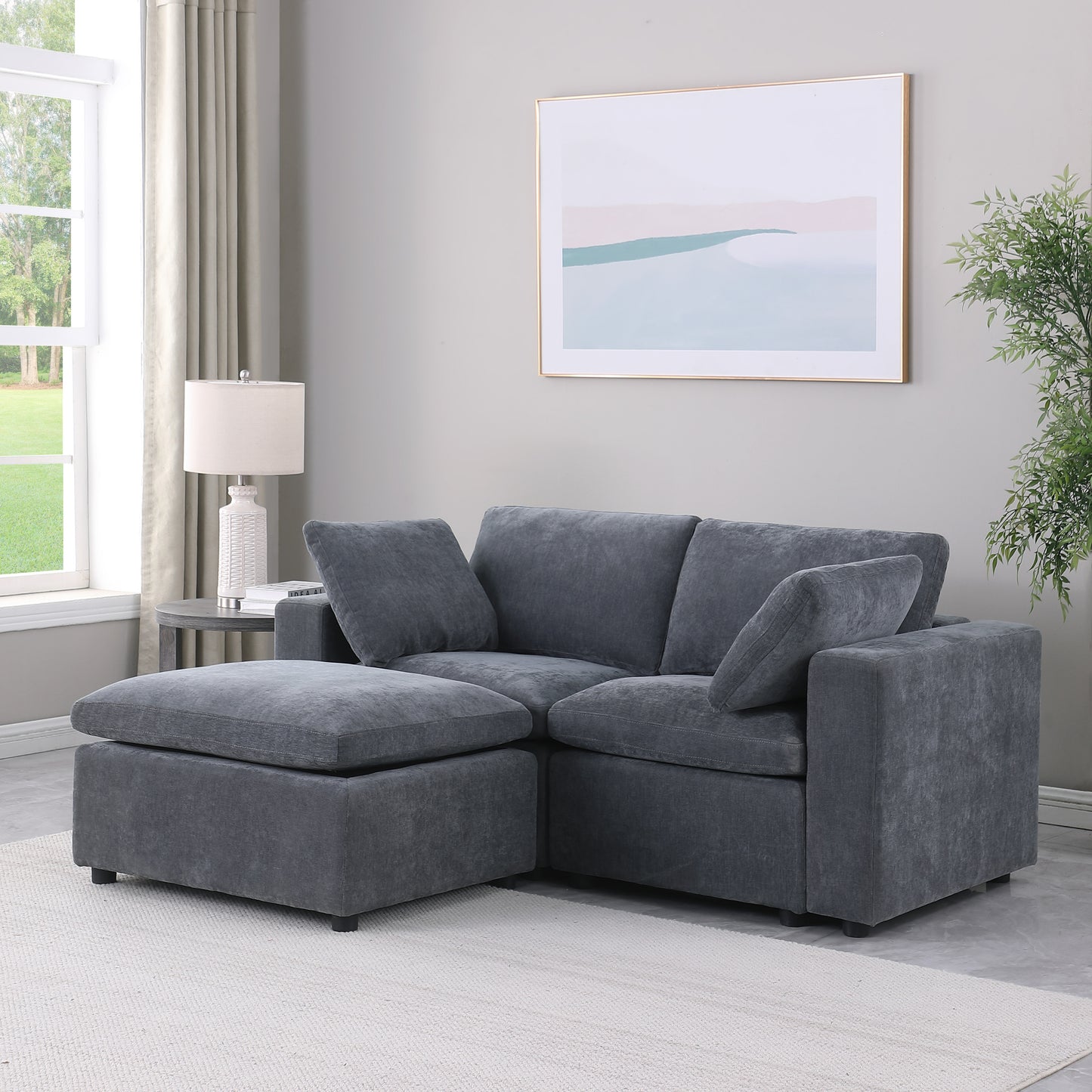 68.5" Loveseat Sofa with Ottoman Modular Sectional Love Seat Couch Small L Shaped Upholstered Couch for Living Room Apartment Small Space, Chenille Grey