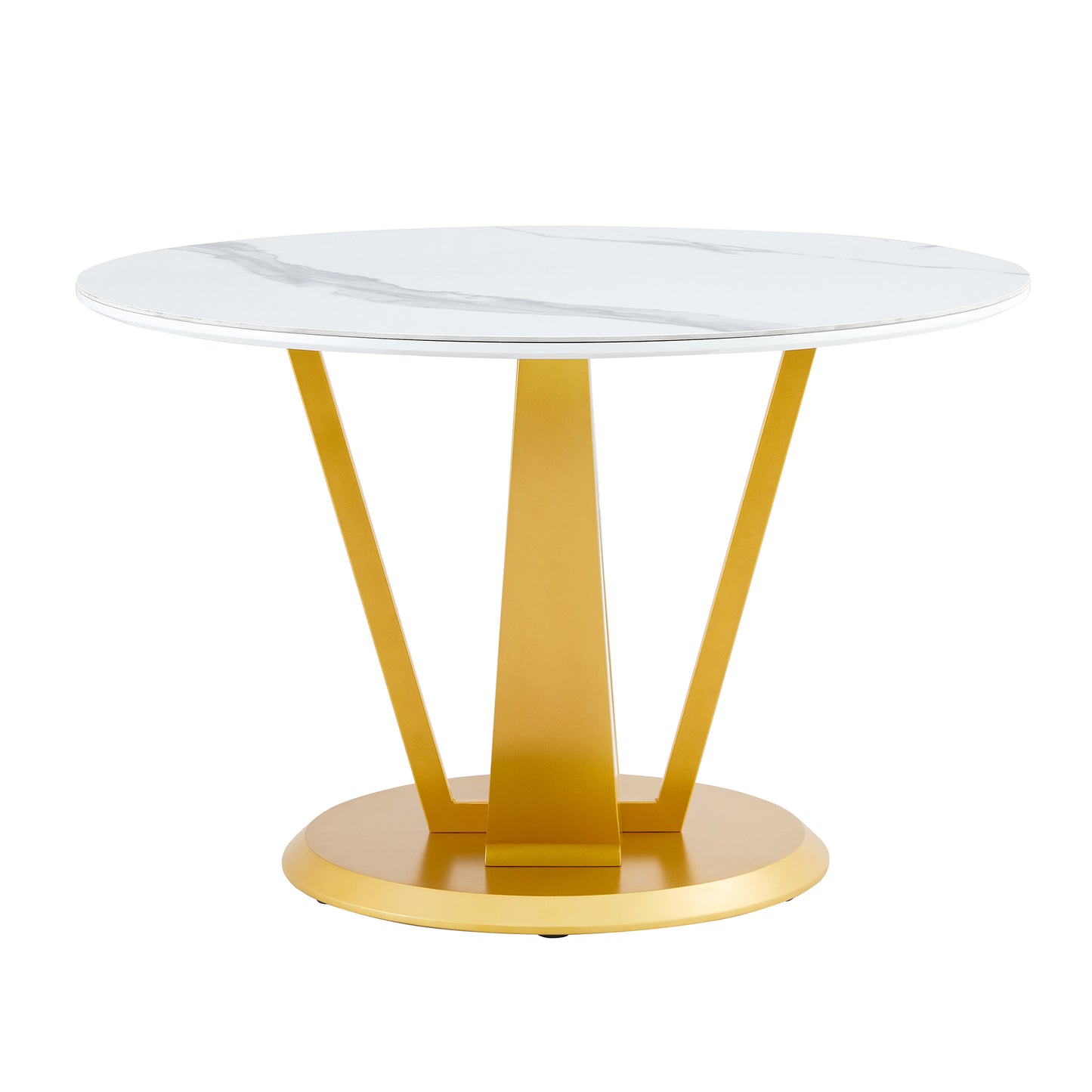 A modern minimalist round white patterned table top measuring 48 inches in diameter with gold MDF legs. Suitable for dining and living rooms.