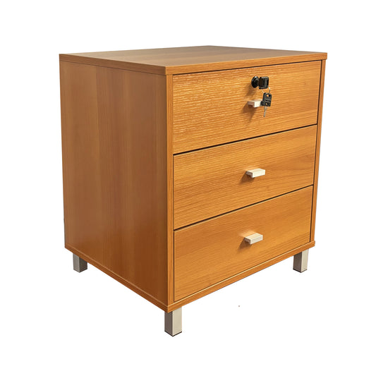 Three drawer nightstand locking top drawer metal drawer glides metal bar handles light cherry color