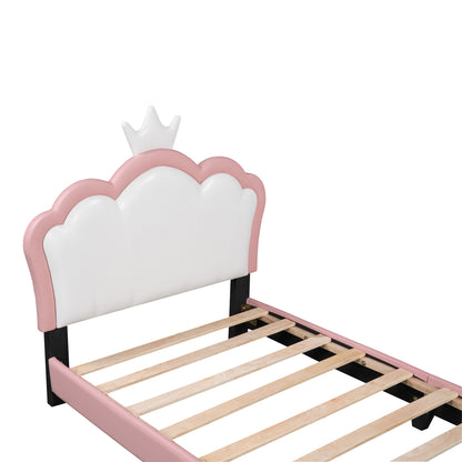 Twin size Upholstered Princess Bed With Crown Headboard,Twin Size Platform Bed with Headboard and Footboard,White+Pink