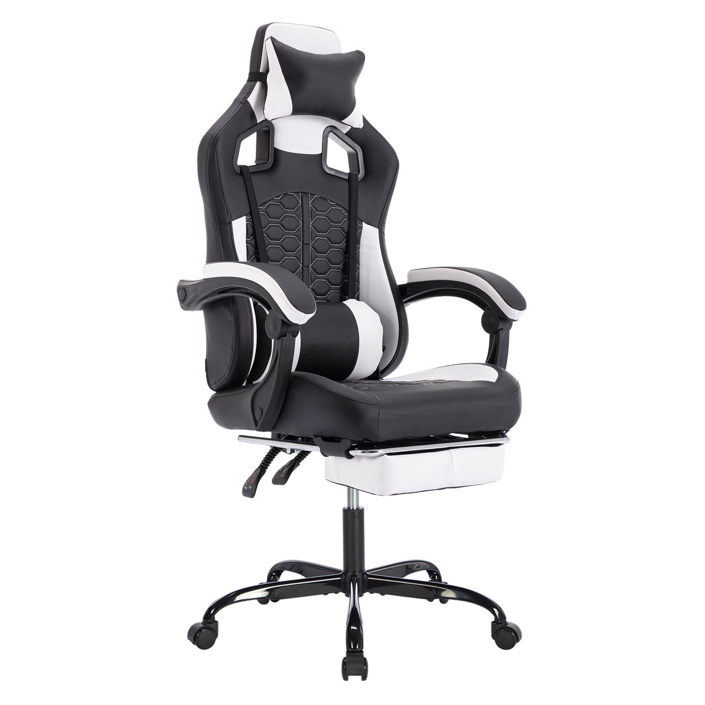 Gaming Chair with Massage,Ergonomic PC Gaming Chair with Footrest Comfortable Headrest and Lumbar Support,High Back PVC Leather,300LBS (Black White)