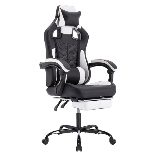 Gaming Chair with Massage,Ergonomic PC Gaming Chair with Footrest Comfortable Headrest and Lumbar Support,High Back PVC Leather,300LBS (Black White)