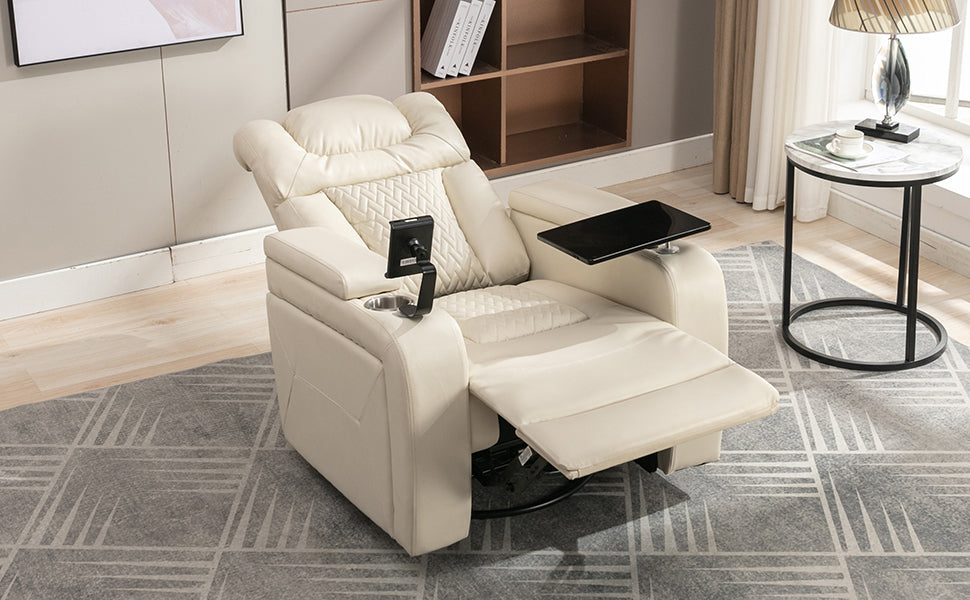 270 Degree Swivel PU Leather Power Recliner Individual Seat Home Theater Recliner with  Comforable Backrest, Tray Table,  Phone Holder, Cup Holder,  USB Port, Hidden Arm Storage for Living Room, White