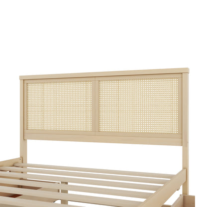 Queen Size Wood Storage Platform Bed with 4 Drawers, Rattan Headboard, Nature