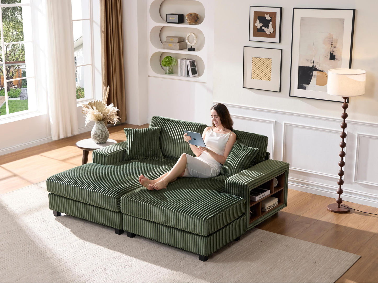 Convertible combination sofa, corduroy fabric, fluffy modern sleeper sofa chair, oversized combination living room double lounge chair, Green