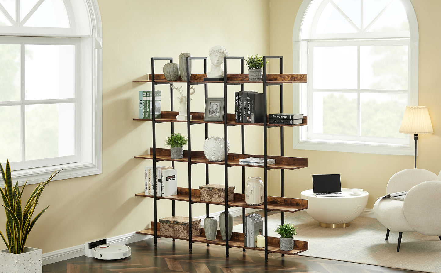 5 Tier Bookcase Home Office Open Bookshelf, Vintage Industrial Style Shelf with Metal Frame, MDF Board