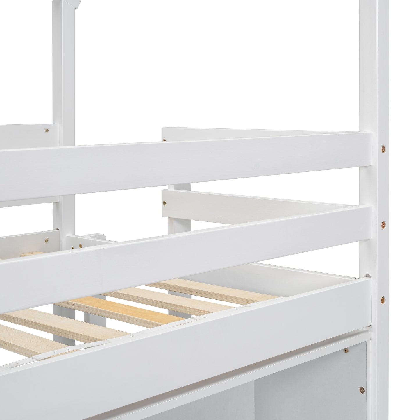 Twin House Loft Bed with Roof Frame, Under Bed Shelving Storage Unit, Guardrails, Ladder,White