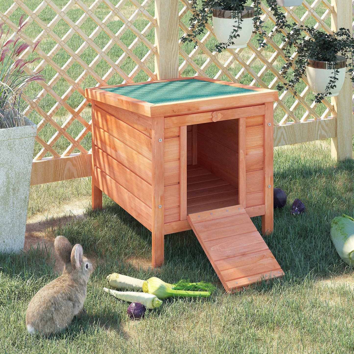 PawHut Small Wooden Rabbit Hutch Bunny Cage Guinea Pig Cage Duck House Dog House with Openable & Waterproof Roof, Natural