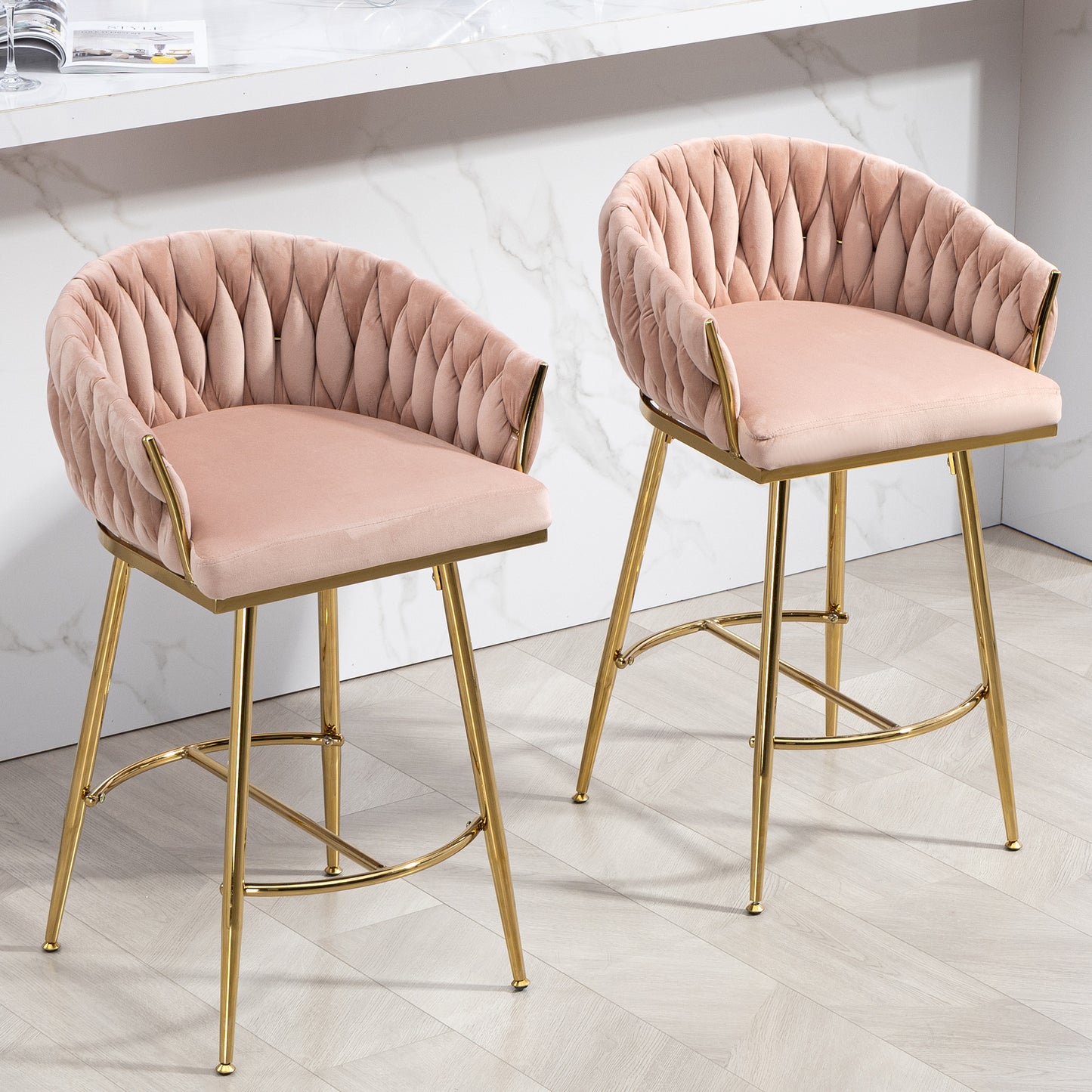 26'' Counter height bar stools Set of 2 kitchen island counter bar stool with hand- wave back,golden chromed base and footrest(PINK)