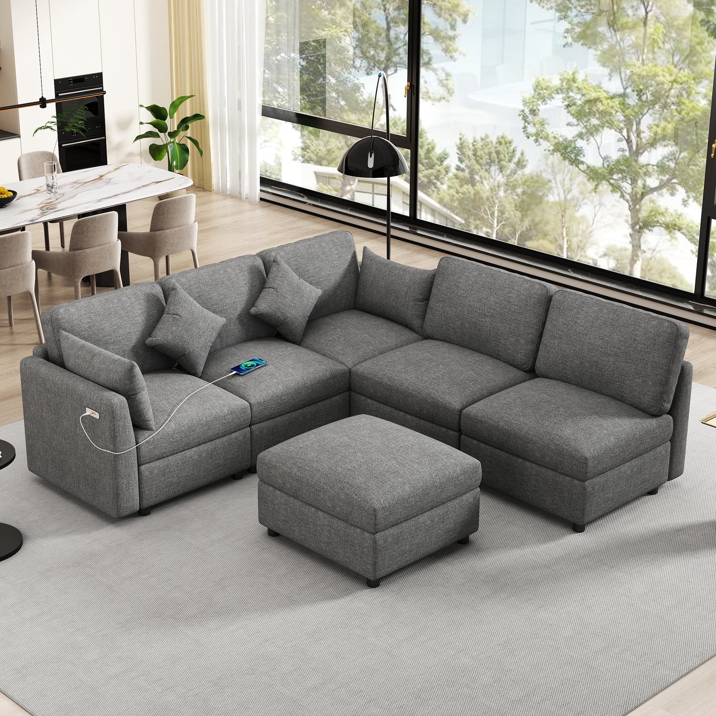 85.4" Sectional Sofa Modular Sofa U-shaped Sofa Couch Sofa Bed L-shaped Sofa with a Movable Ottoman and Two USB Ports for Living Room, Grey