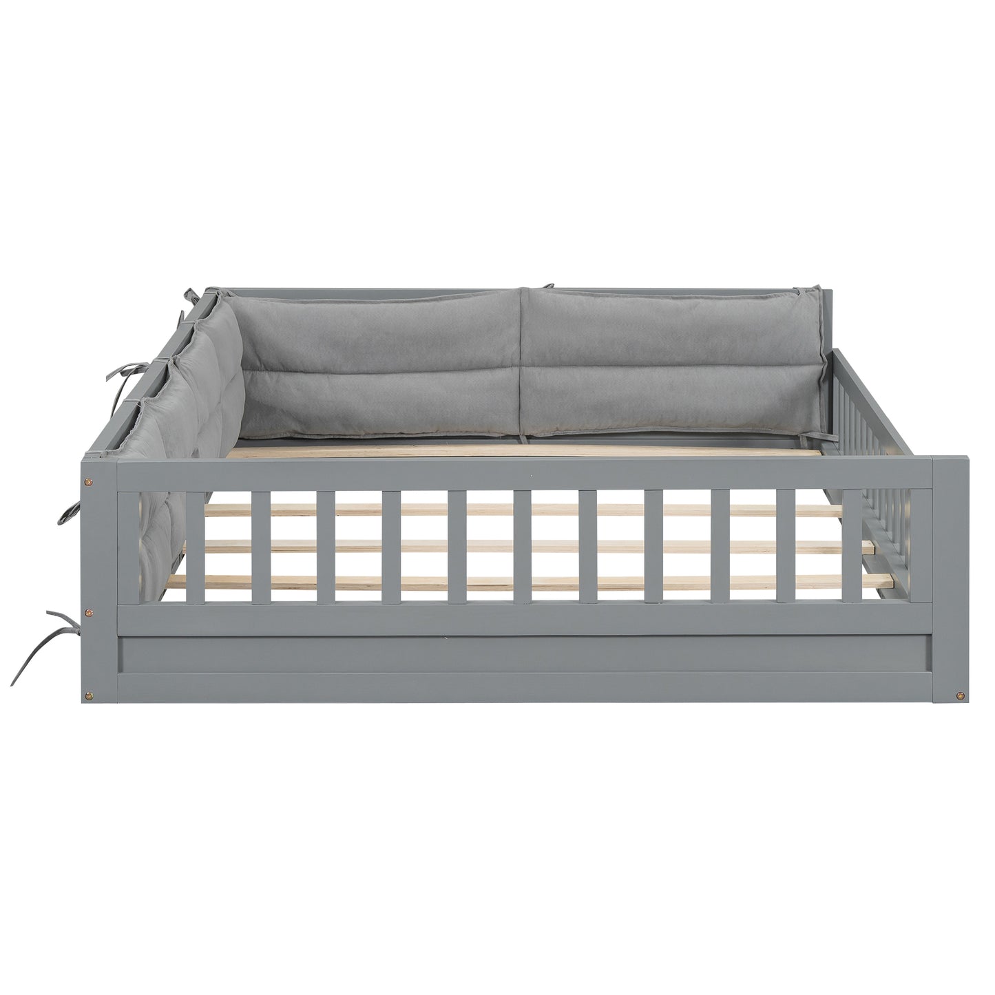 Wood Full Size Upholstered Platform Bed with Guardrail and Pillow, Gray