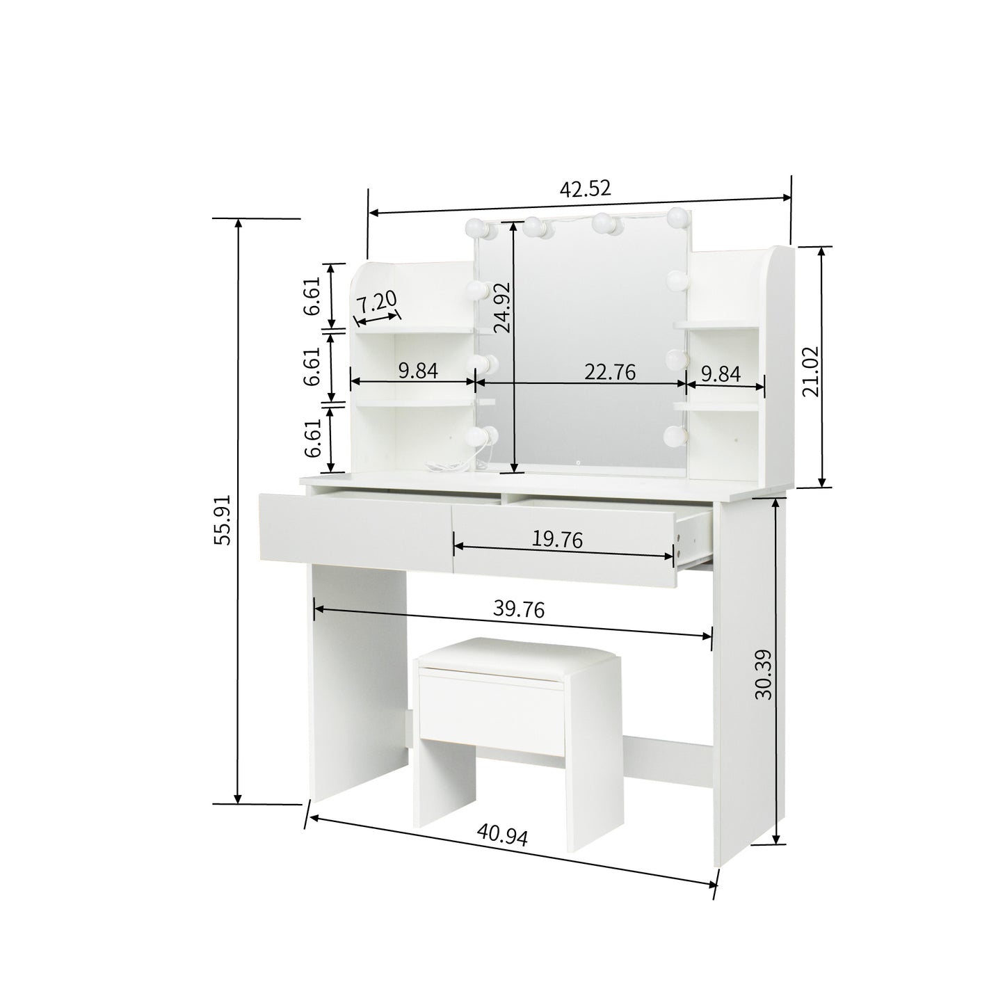 Modern Dressing table with 2 Drawers, 4 open shelves Rectangular Makeup Table with Mirror, 10-lamp bulb,,42.52*15.75* 52.76inch,for Bedroom