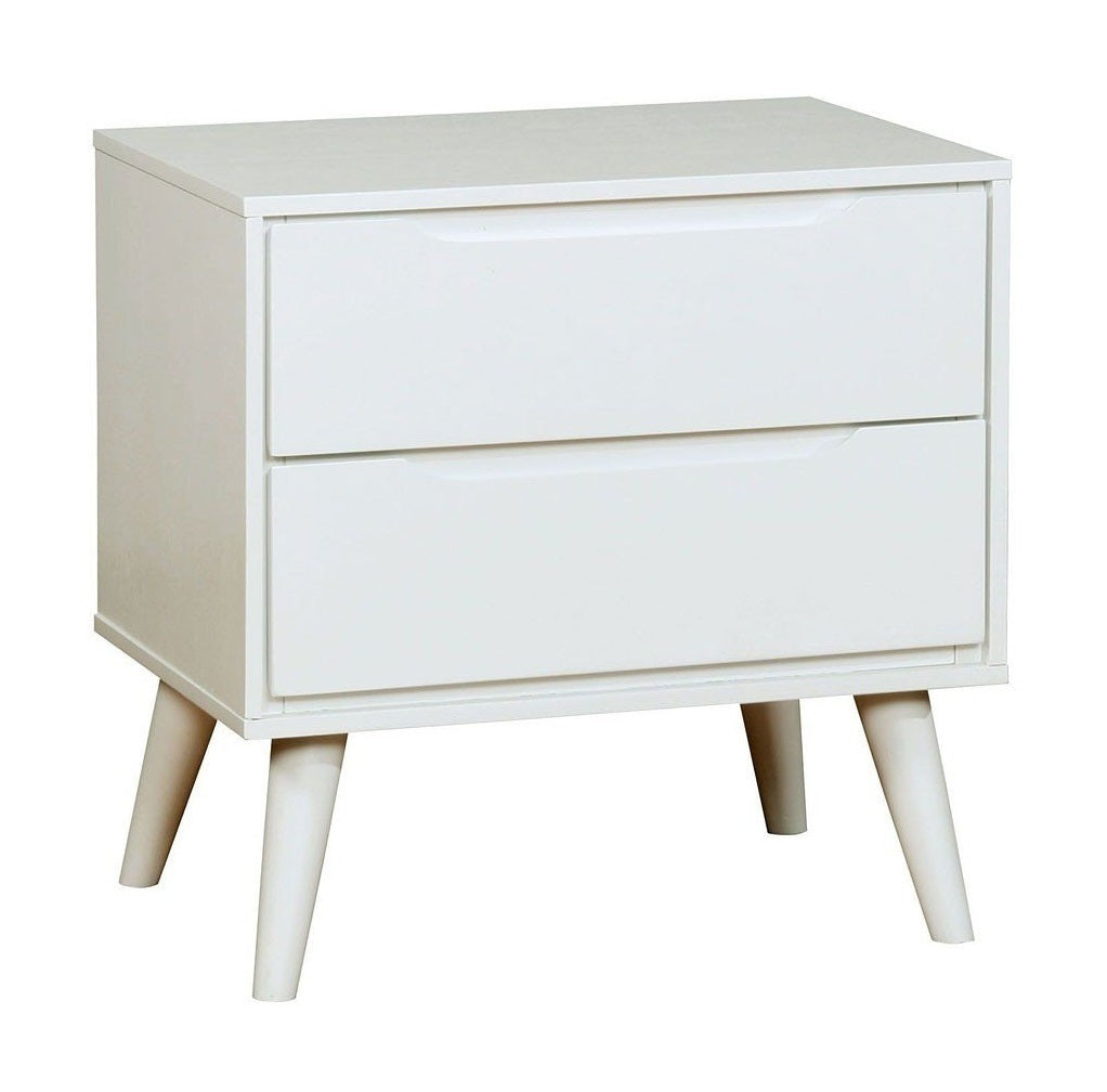 Mid-Century Modern White Color 1pc Nightstand Bedroom Furniture Solid wood Round Tapered Legs 2-Drawers Bedside Table