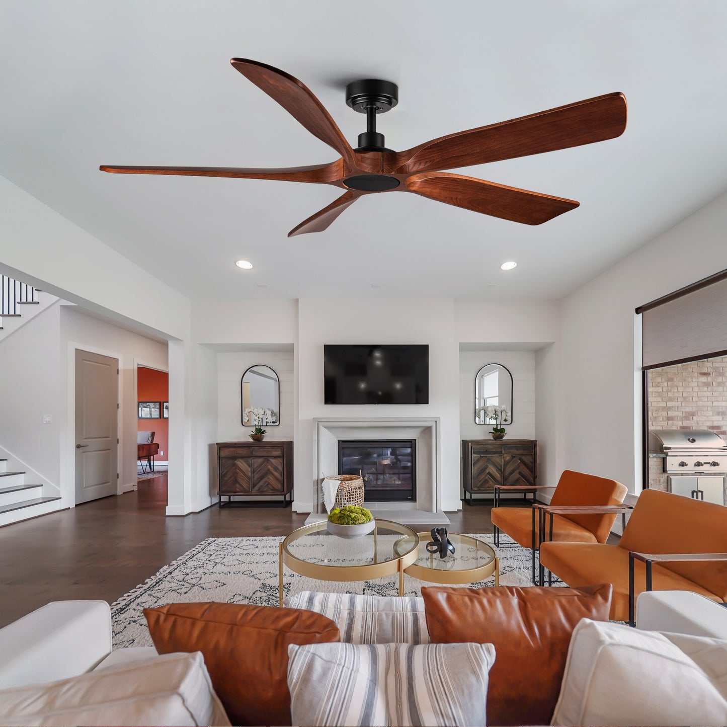 60 in. Farmhouse Walnut Wood Ceiling Fan with Remote Control,without Light