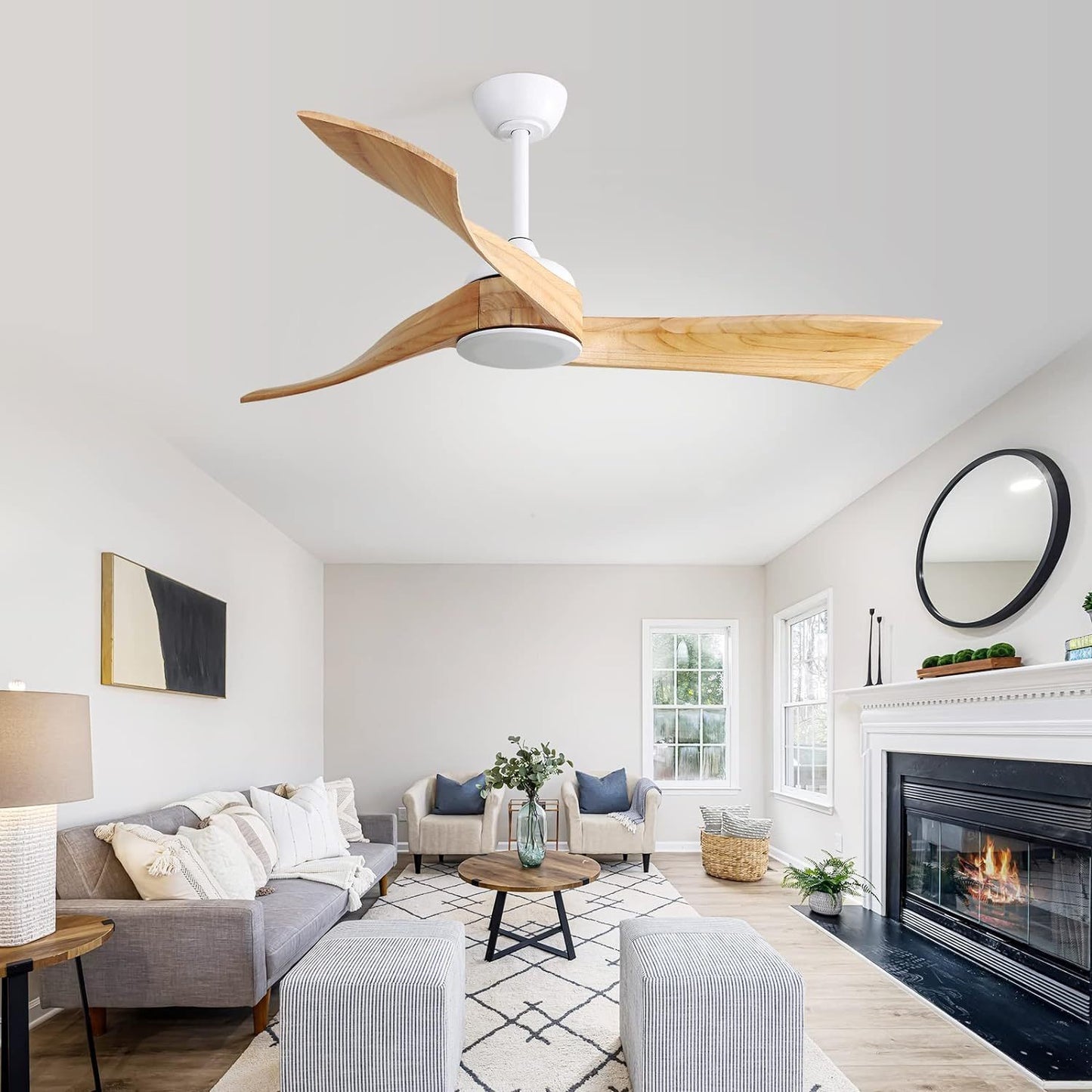 52 Inch Modern Ceiling Fan Without Light 6 Speed Remote 3 Solid Wood Blade Reversible DC Motor For Indoor&Outdoor