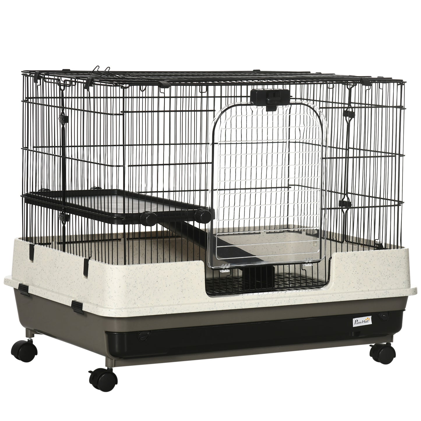 PawHut 26" Small Animal Cage with Wheels, 2-Level Portable Bunny Cage, Chinchilla Ferret Cage with Removable Tray, Platform and Ramp