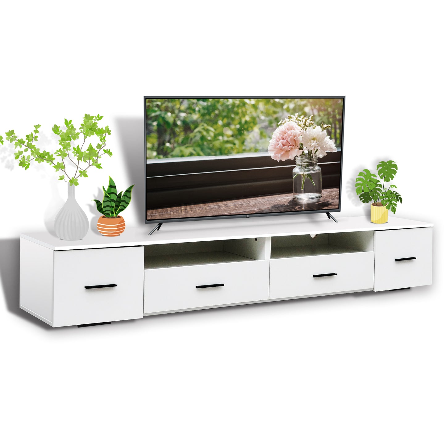 White TV Stand for Living Room,  Modern Entertainment Center Stand for TV Up to 90 Inch, Large Led TV Stand with 4 Storage Drawers, High Glossy Waterproof  TV Console, TV Table Media Furniture