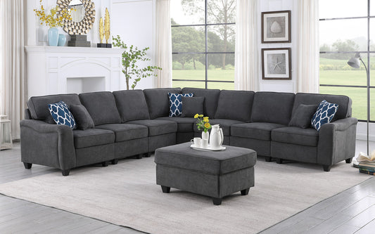 Leo 125" Dark Gray Woven 8Pc Modular L-Shape Sectional Sofa and Ottoman