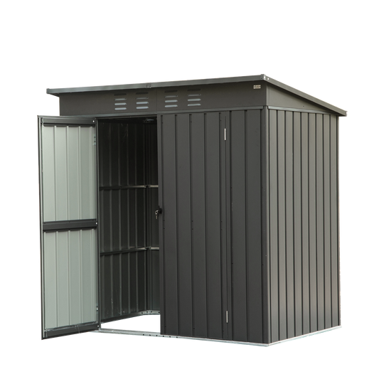 Backyard Storage Shed with Sloping Roof Galvanized Steel Frame Outdoor Garden Shed Metal Utility Tool Storage Room with Latches and Lockable Door (6x4ft, Dark Gray)